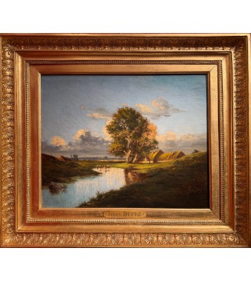DUPRE Jules - Barbizon School - 19th Century - Thatched cottages and cows drinking Oil painting signed Certificate