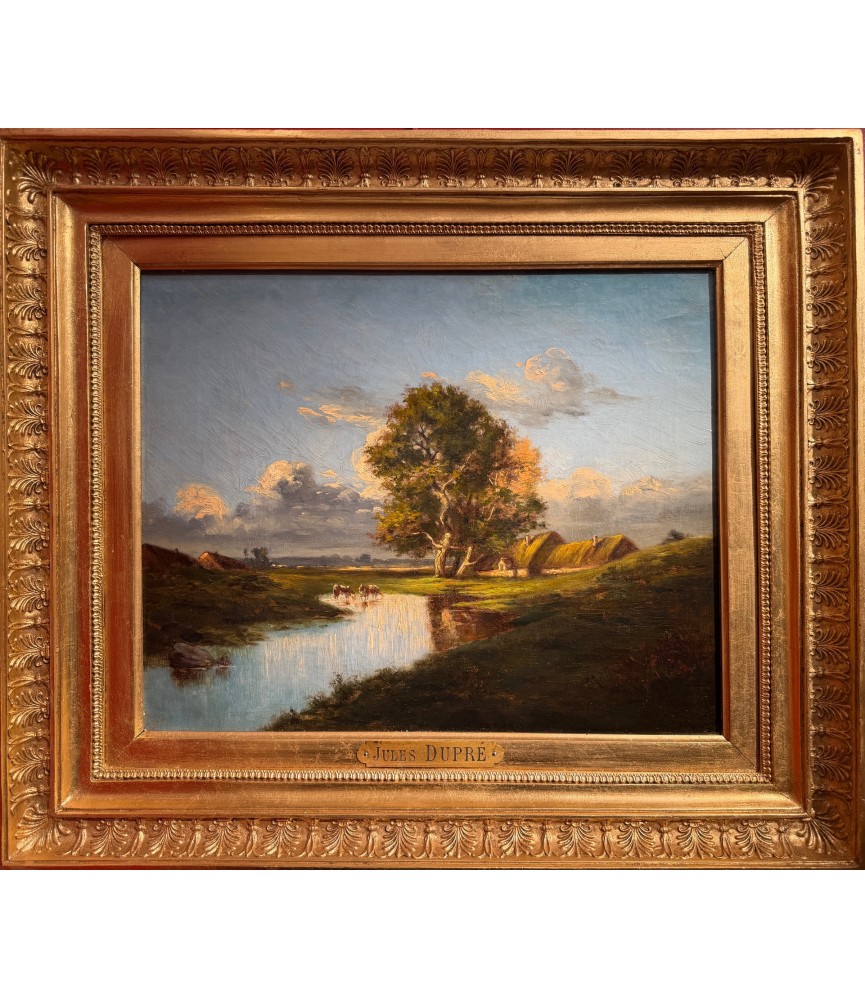 DUPRE Jules - Barbizon School - 19th Century - Thatched cottages and cows drinking Oil painting signed Certificate