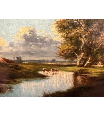 DUPRE Jules  - Ecole de Barbizon 19ème - Chaumières et vaches s'abreuvant Huile sur toile signée Certificat d'authenticité