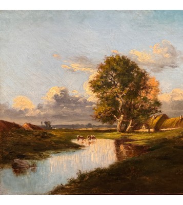 DUPRE Jules  - Ecole de Barbizon 19ème - Chaumières et vaches s'abreuvant Huile sur toile signée Certificat d'authenticité