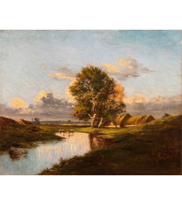 DUPRE Jules - Barbizon School - 19th Century - Thatched cottages and cows drinking Oil painting signed Certificate