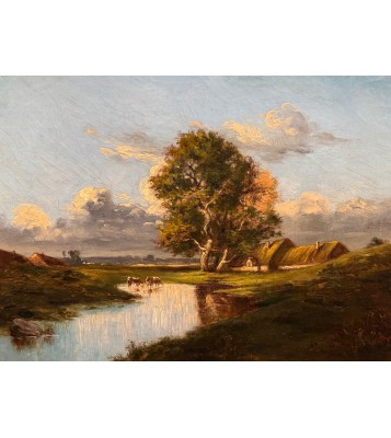 DUPRE Jules - Barbizon School - 19th Century - Thatched cottages and cows drinking Oil painting signed Certificate