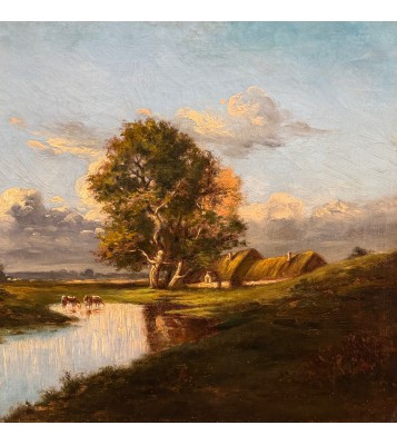 DUPRE Jules  - Ecole de Barbizon 19ème - Chaumières et vaches s'abreuvant Huile sur toile signée Certificat d'authenticité