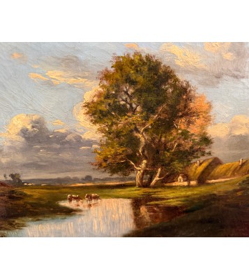 DUPRE Jules  - Ecole de Barbizon 19ème - Chaumières et vaches s'abreuvant Huile sur toile signée Certificat d'authenticité