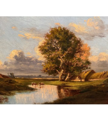 DUPRE Jules - Barbizon School - 19th Century - Thatched cottages and cows drinking Oil painting signed Certificate