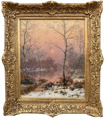 RIGOLOT Albert Ecole Française 19è Huile sur toile signée Paysage d'hiver en Sologne Certificat