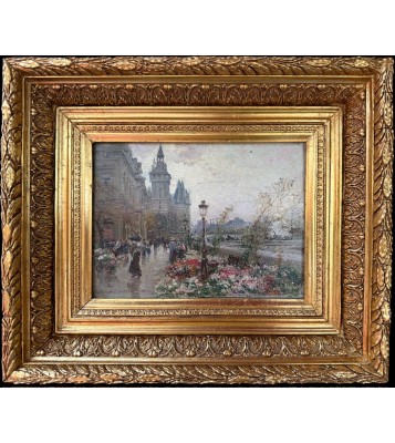 STEIN Georges Paris Le marché aux fleurs sur l'île de la cité Huile Sur panneau Signée Certificat d'authenticité