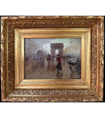 STEIN Georges Paris Animation sur les Champs Elysées Huile Sur panneau Signée Certificat d'authenticité