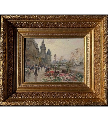 STEIN Georges Paris Le marché aux fleurs sur l'île de la cité Huile Sur panneau Signée Certificat d'authenticité