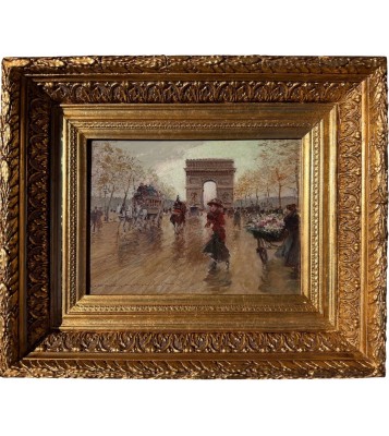 STEIN Georges Paris Animation sur les Champs Elysées Huile Sur panneau Signée Certificat d'authenticité