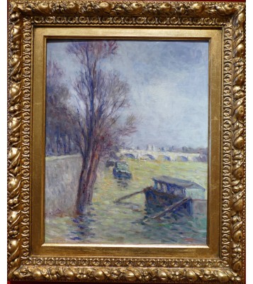 Luce Maximilien Post-impressionist Painting 20th Century Paris, Floods Near Pont Neuf 1910 Oil Certificat