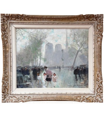HERVE Jules Peinture impressionniste 20è Paris animation devant Notre Dame Huile sur Toile signée Certificat d'authenticité