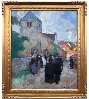 Herve Jules Painting 20th Century The Arrival Of The Bride And Groom At The Church Signed Oil Canvas Certificate